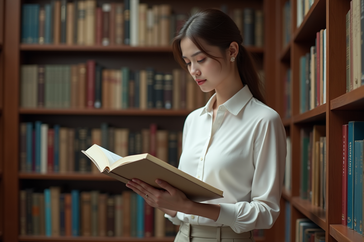 Jeune femme lisant un livre dans une bibliothèque