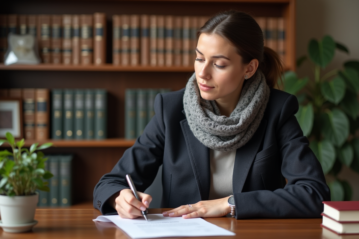 Jeune femme en bureau juridique remplit un formulaire avec concentration
