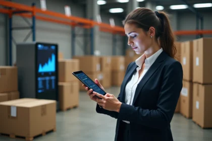 Femme professionnelle utilisant une tablette dans un entrepôt parisien