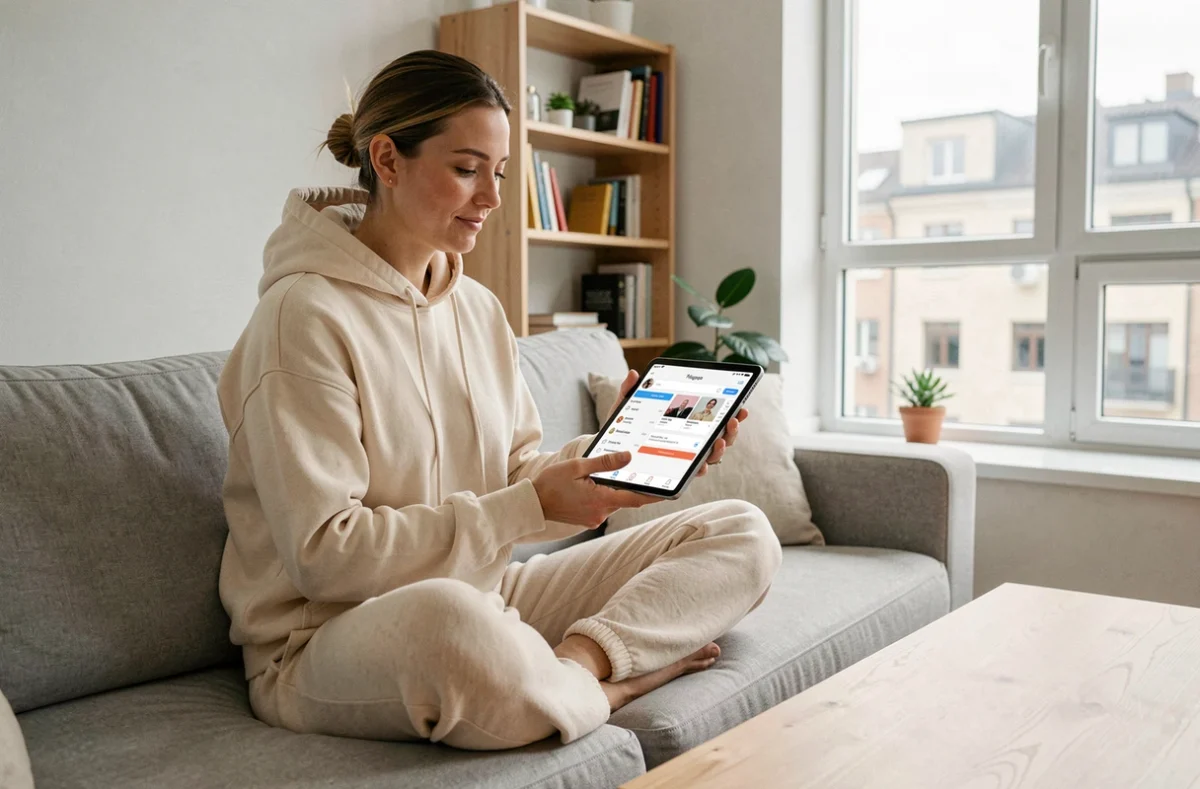 Femme planifiant ses publications Instagram depuis chez elle sur une tablette, illustrant la stratégie de calendrier éditorial et meilleures heures de post