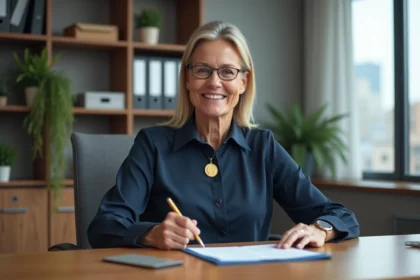Femme d'affaires fiere avec médaille et lettre