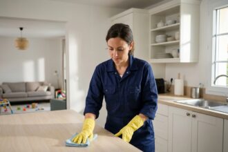 Femme de ménage professionnelle en uniforme nettoyant le plan de travail d'une cuisine moderne dans une maison de Serris
