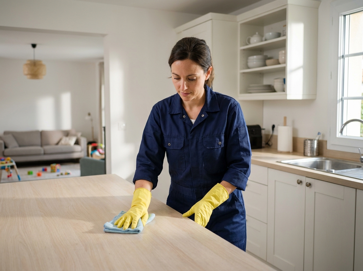 Femme de ménage professionnelle en uniforme nettoyant le plan de travail d'une cuisine moderne dans une maison de Serris