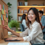 Femme en bureau arrangeant des notes colorées sur un tableau