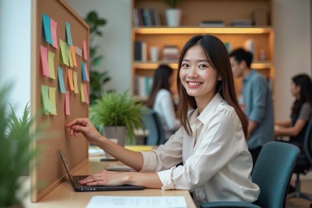 Femme en bureau arrangeant des notes colorées sur un tableau