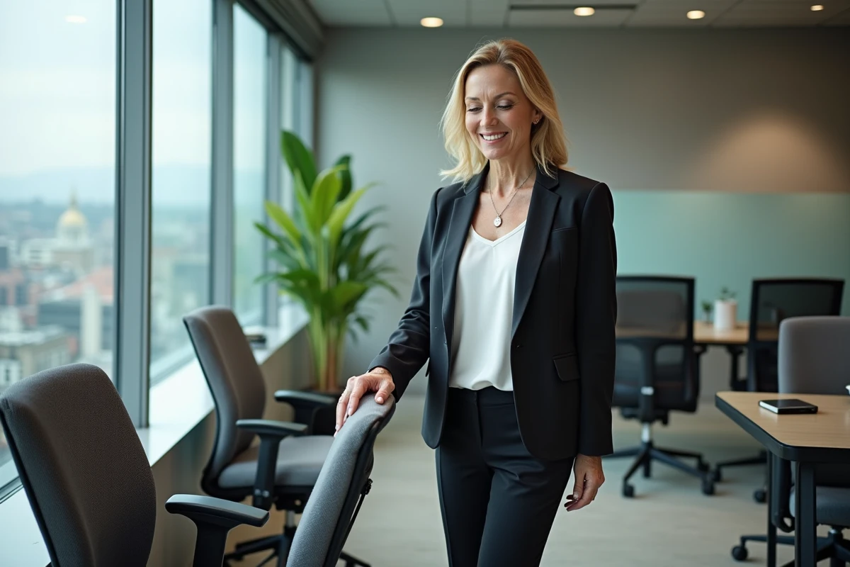 Femme mature arrangeant des chaises dans un coworking moderne