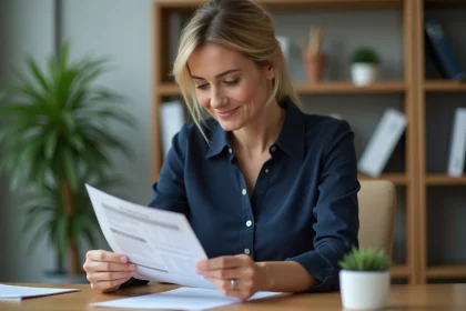 Femme d'affaires examine sa fiche de paie dans un bureau