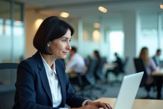 Femme en blazer navy utilisant le portail Prodouane sur un ordinateur portable dans un bureau moderne en 2026