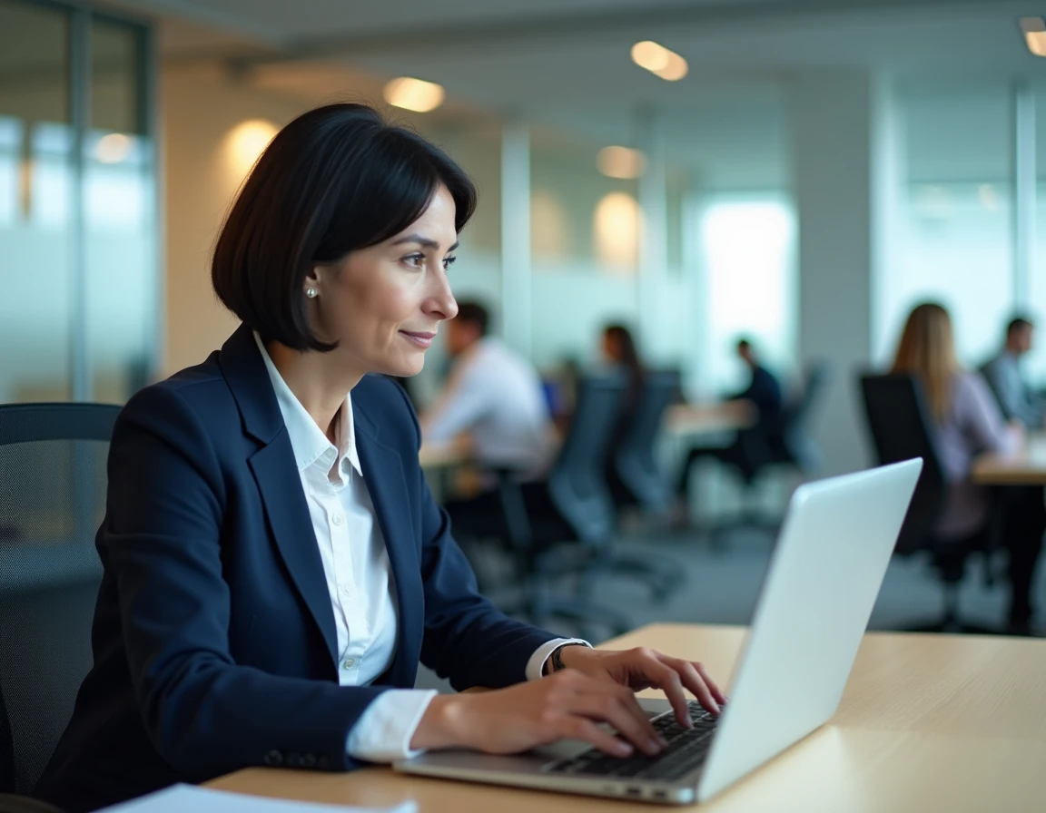 Femme en blazer navy utilisant le portail Prodouane sur un ordinateur portable dans un bureau moderne en 2026