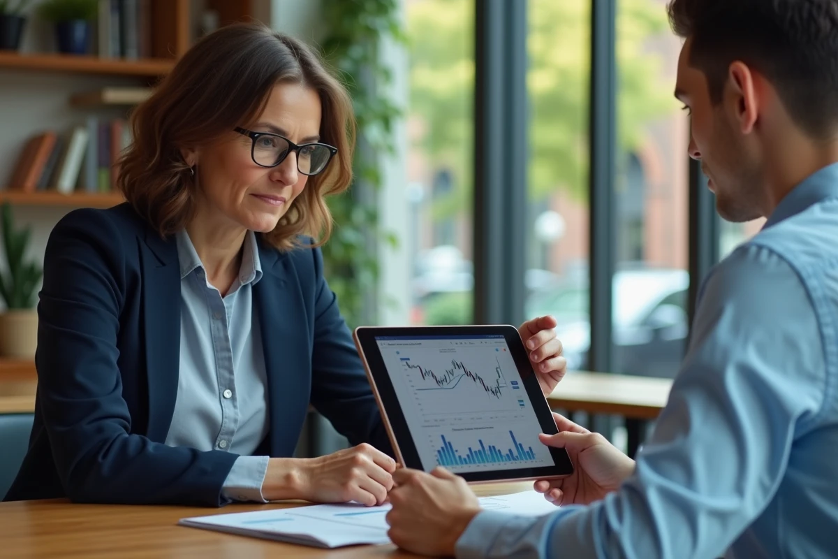 Femme confiante présentant des indicateurs économiques sur tablette
