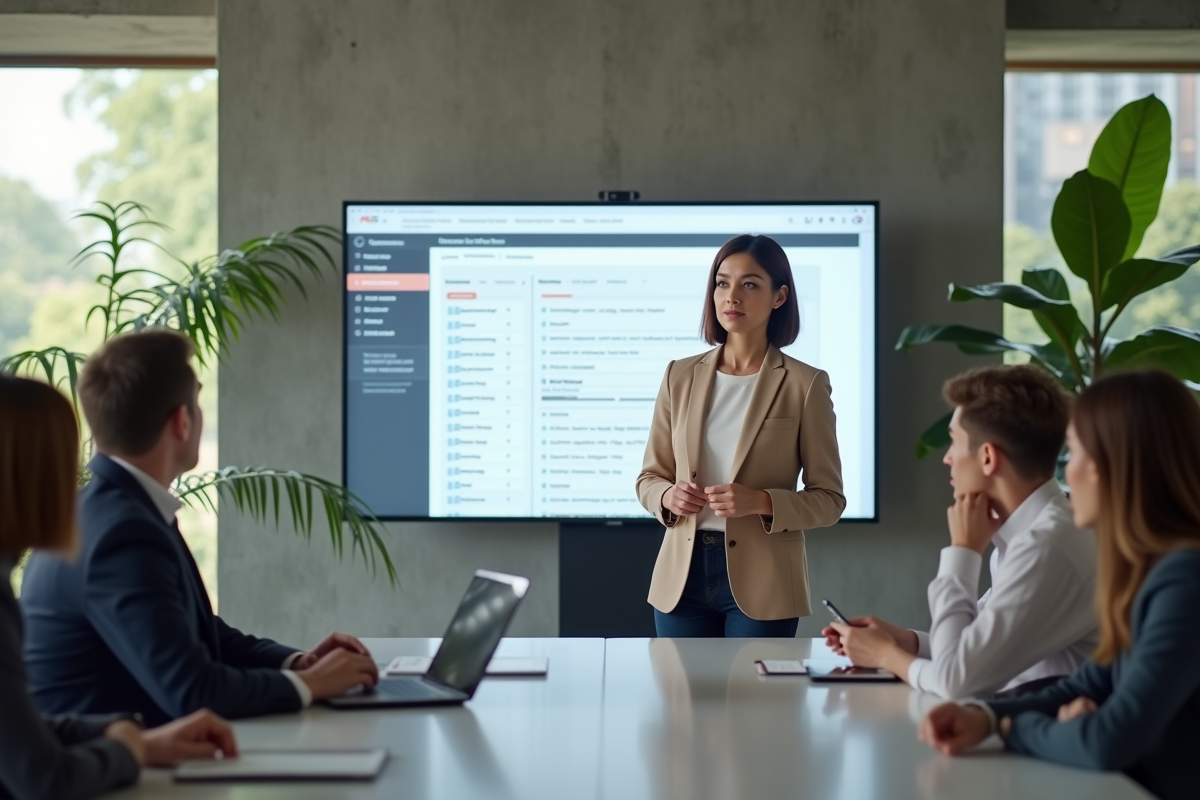 Femme professionnelle montrant une page web à ses collègues