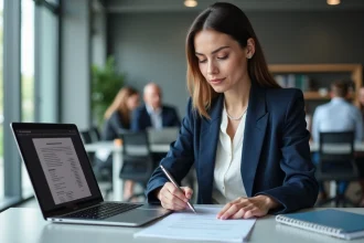 Femme professionnelle analysant un CV commercial et une offre d'emploi sur ordinateur portable dans un bureau moderne