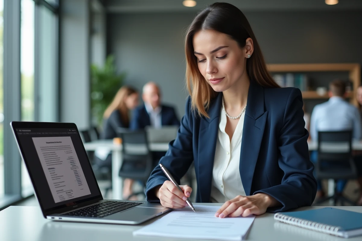 Femme professionnelle analysant un CV commercial et une offre d'emploi sur ordinateur portable dans un bureau moderne