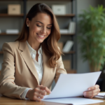 Femme confiante en bureau moderne pour article titre