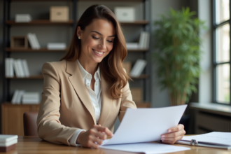 Femme confiante en bureau moderne pour article titre
