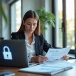 Femme professionnelle au bureau avec documents confidentiels