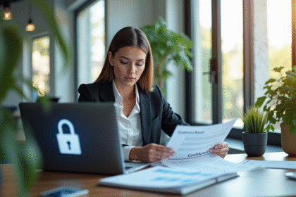 Femme professionnelle au bureau avec documents confidentiels