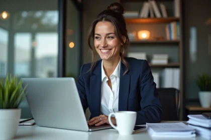 Femme en blazer navy souriante dans son bureau moderne