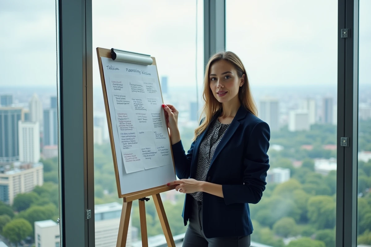 Jeune femme confiante avec tableau de planification en ville