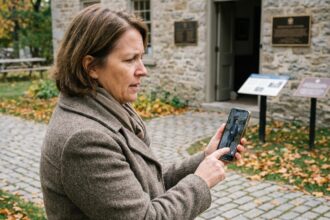 Femme en vêtements d'automne utilisant une application AR devant un site historique