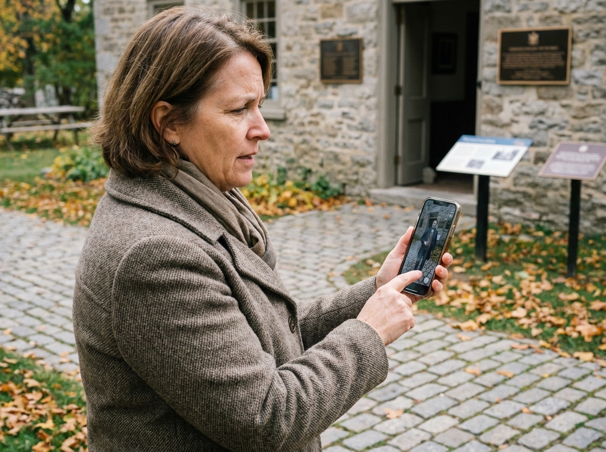 Femme en vêtements d'automne utilisant une application AR devant un site historique