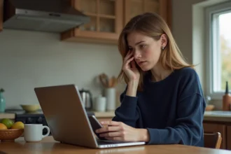 Jeune femme cherchant mot de passe sur ordinateur dans la cuisine
