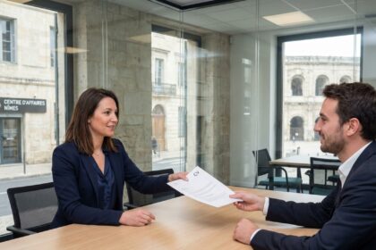 Femme en costume professionnel échange un CV avec un recruteur à Nîmes