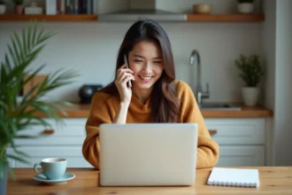 Femme au téléphone dans sa cuisine lumineuse