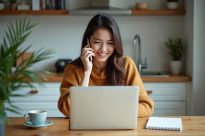 Femme au téléphone dans sa cuisine lumineuse