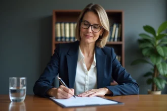 Femme professionnelle signant un document officiel avec une plume dans un bureau d'entreprise, illustrant la signature pour ordre