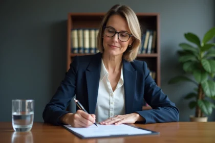 Femme professionnelle signant un document officiel avec une plume dans un bureau d'entreprise, illustrant la signature pour ordre
