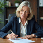 Femme d'environ 60 ans signant un avis de retraite dans un bureau professionnel