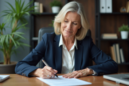 Femme d'environ 60 ans signant un avis de retraite dans un bureau professionnel