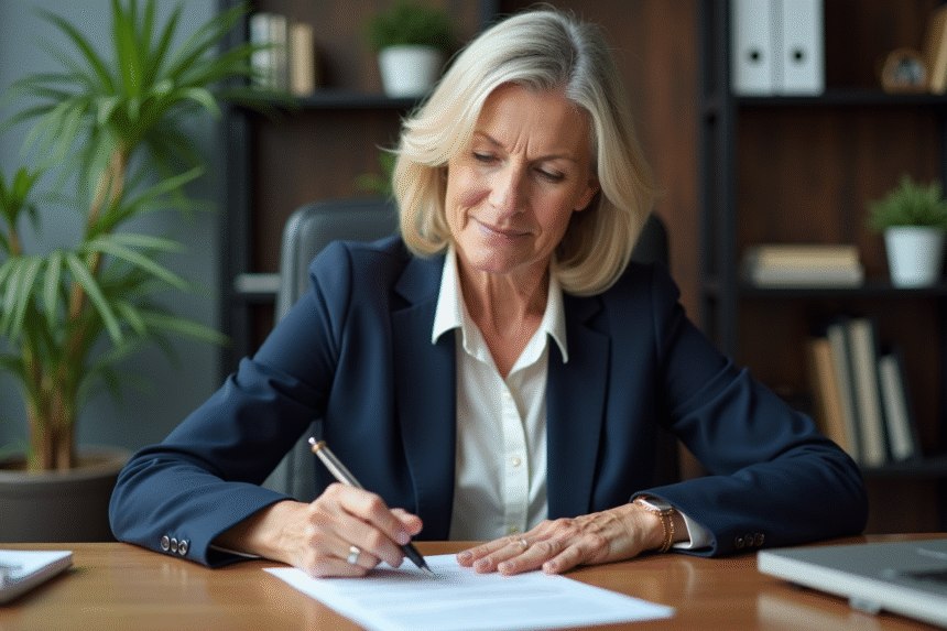 Femme d'environ 60 ans signant un avis de retraite dans un bureau professionnel