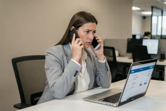 Femme en blazer gris téléphonant au service client DB Schenker depuis son bureau pour un suivi de colis