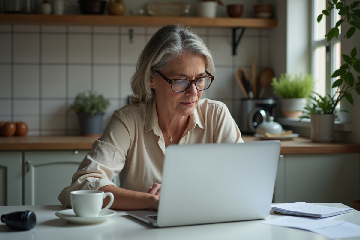 Femme seule à la maison avec ordinateur et enregistrement