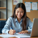 Jeune femme au bureau remplissant un formulaire