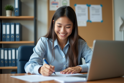 Jeune femme au bureau remplissant un formulaire
