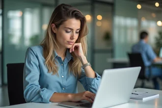 Femme au bureau utilisant une plateforme de paie en ligne