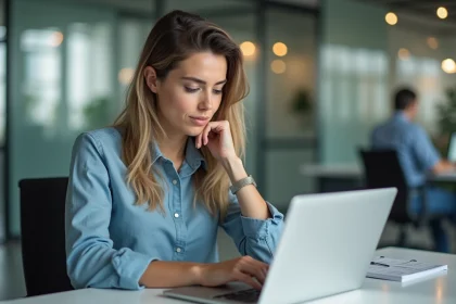 Femme au bureau utilisant une plateforme de paie en ligne