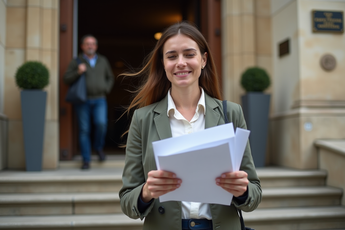 Jeune femme avec enveloppes devant un tribunal français