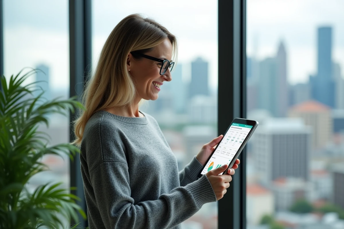 Femme professionnelle regardant une tablette avec graphiques énergie