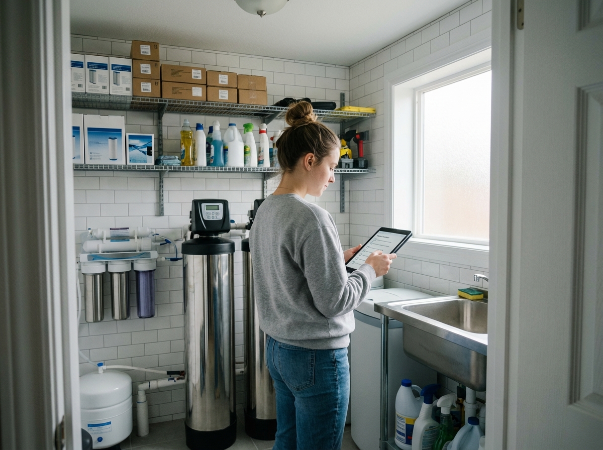 Jeune femme vérifie une installation sanitaire dans une pièce lumineuse