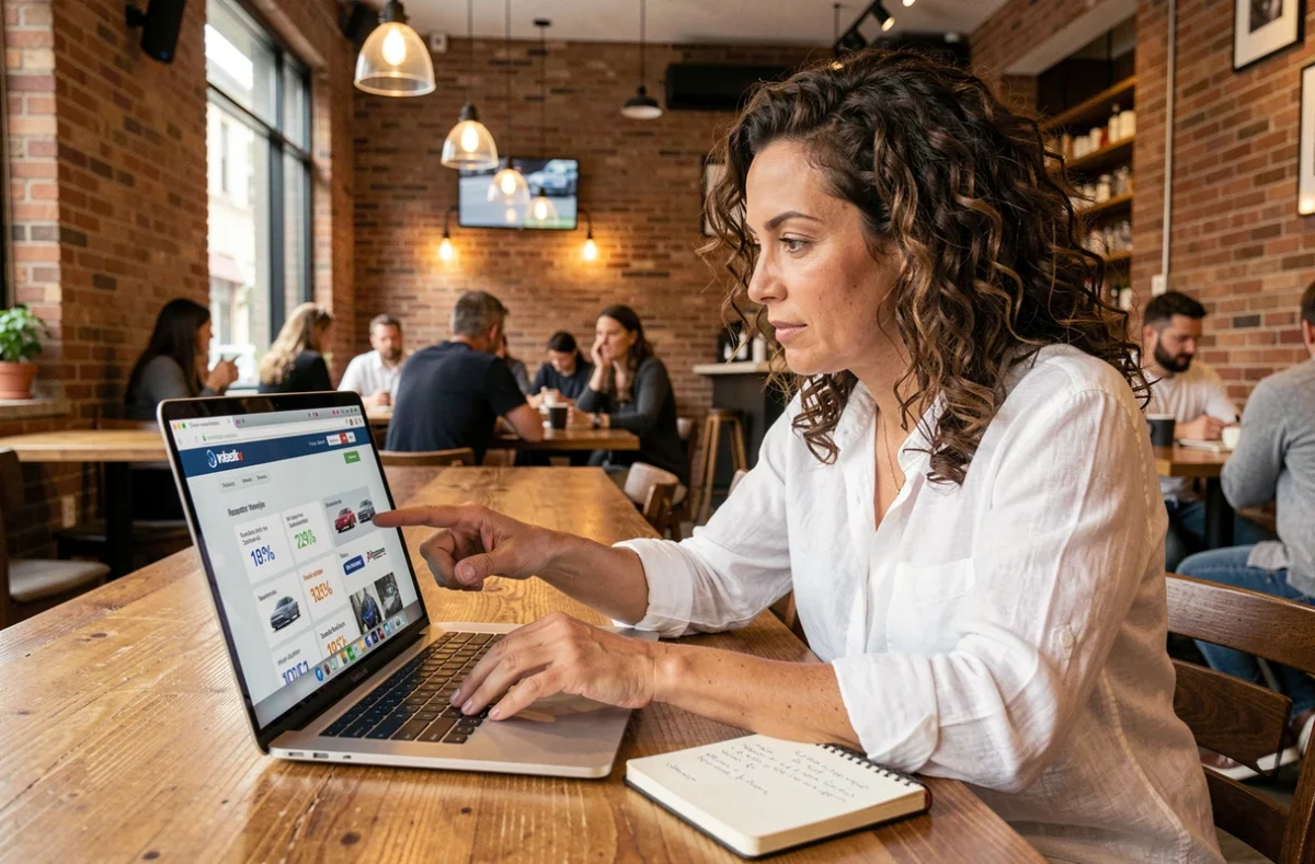Femme consultant un wiki comparatif de l'industrie automobile incluant Stellantis dans un café urbain moderne