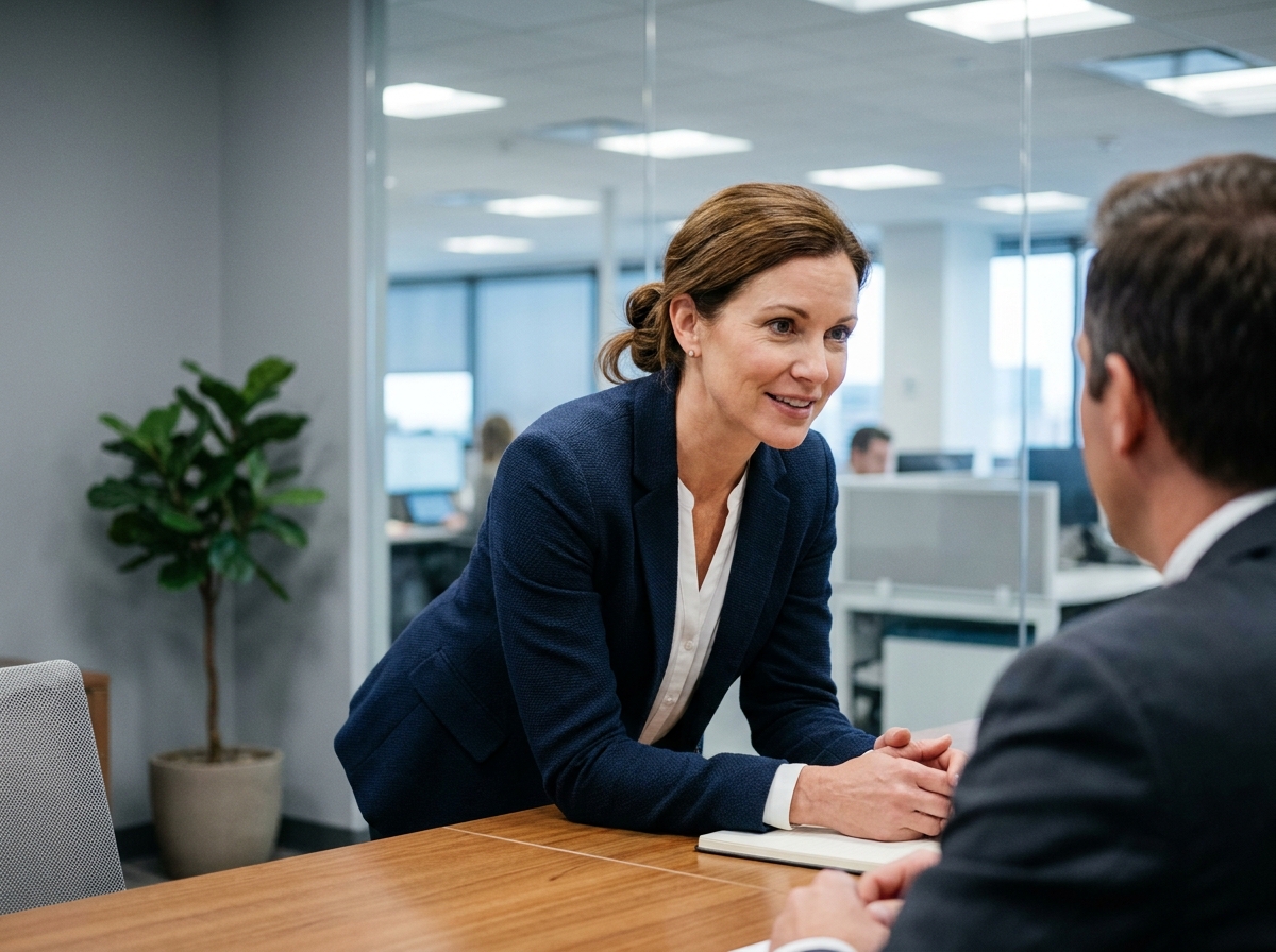 Commerciale attentive écoutant un client fidèle lors d'une réunion en salle de conférence moderne
