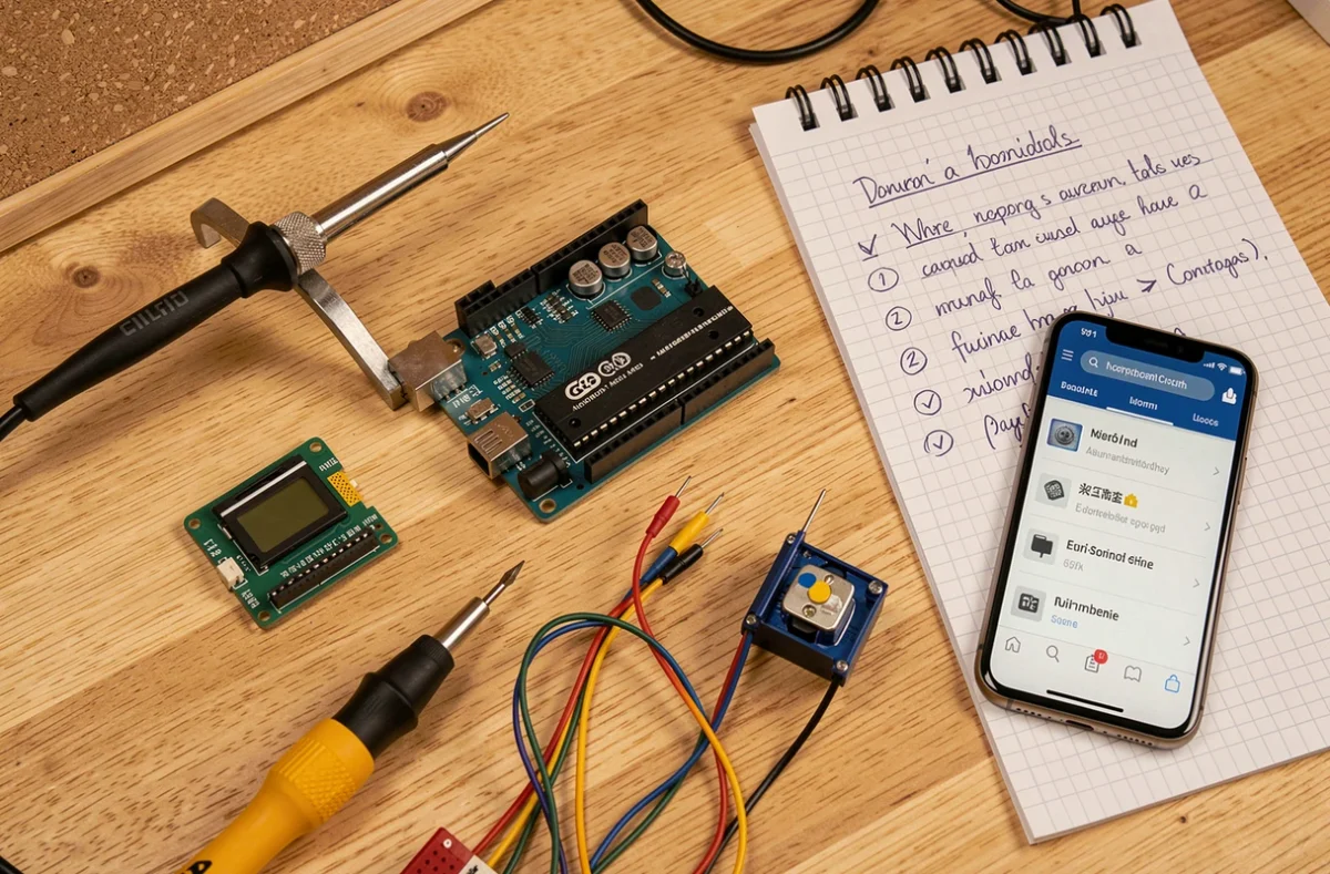 Vue en plongée d'un bureau de maker avec composants Arduino, câbles et liste de pièces pour un projet électronique