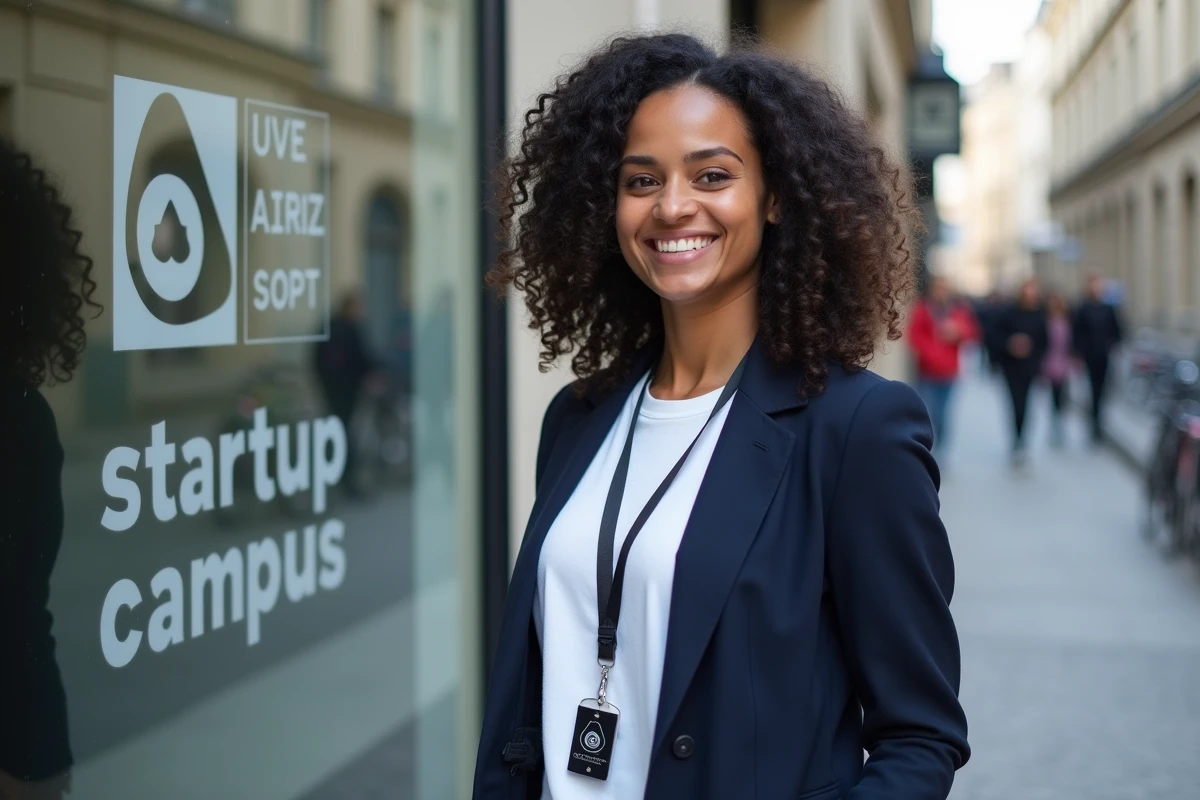 Une fondatrice de startup devant l'entrée vitrée de Station F à Paris, tenant son badge d'accès avec un sourire naturel
