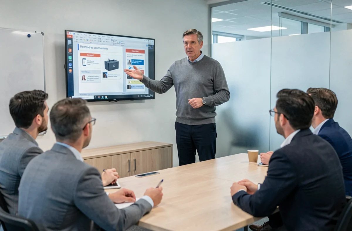 Formateur animant une session de formation sur un logiciel de caisse pour une équipe commerciale en salle