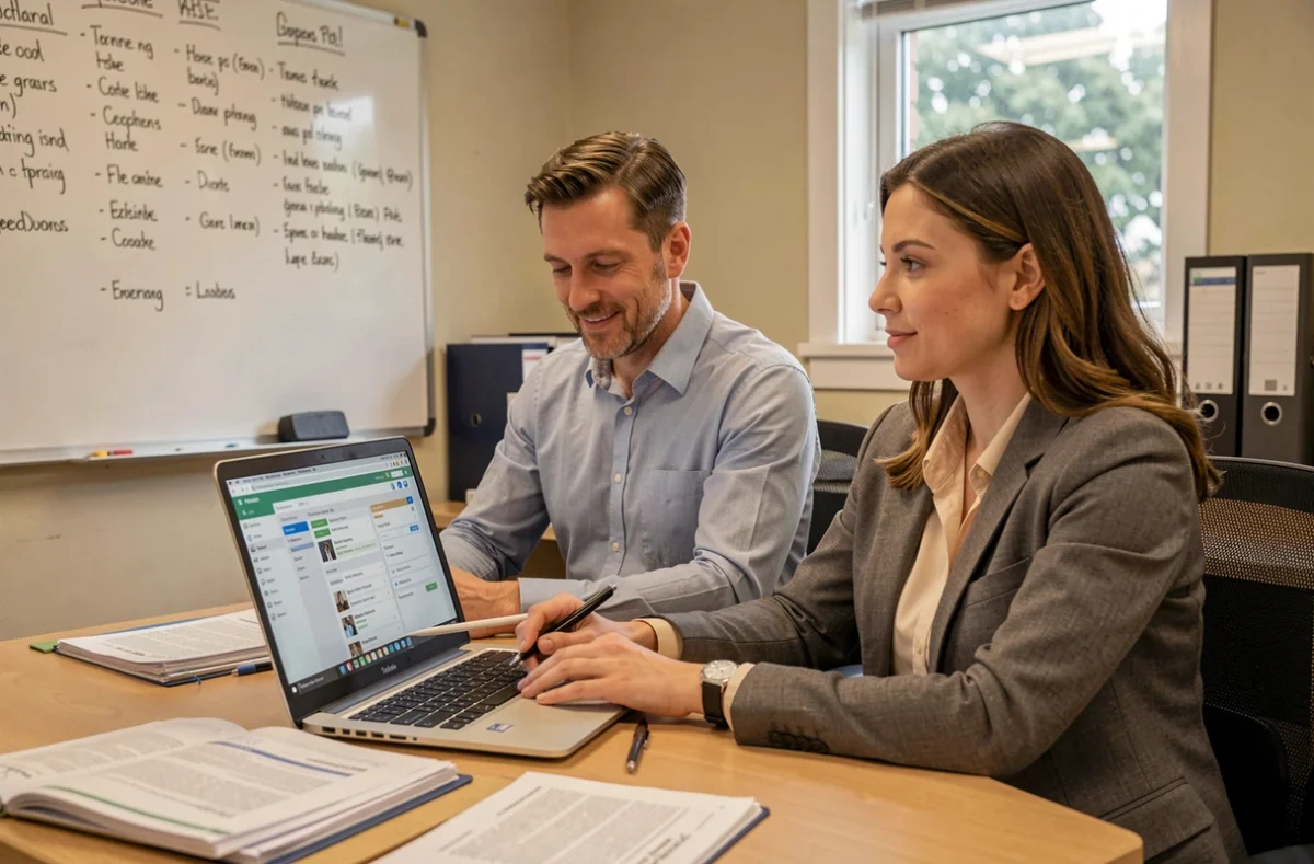 Deux collaborateurs en formation back office sur un logiciel de gestion de caisse en PME