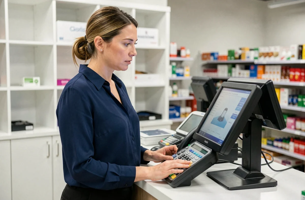 Employée de caisse suivant une formation sur le logiciel de caisse Menlog SI dans un commerce de détail